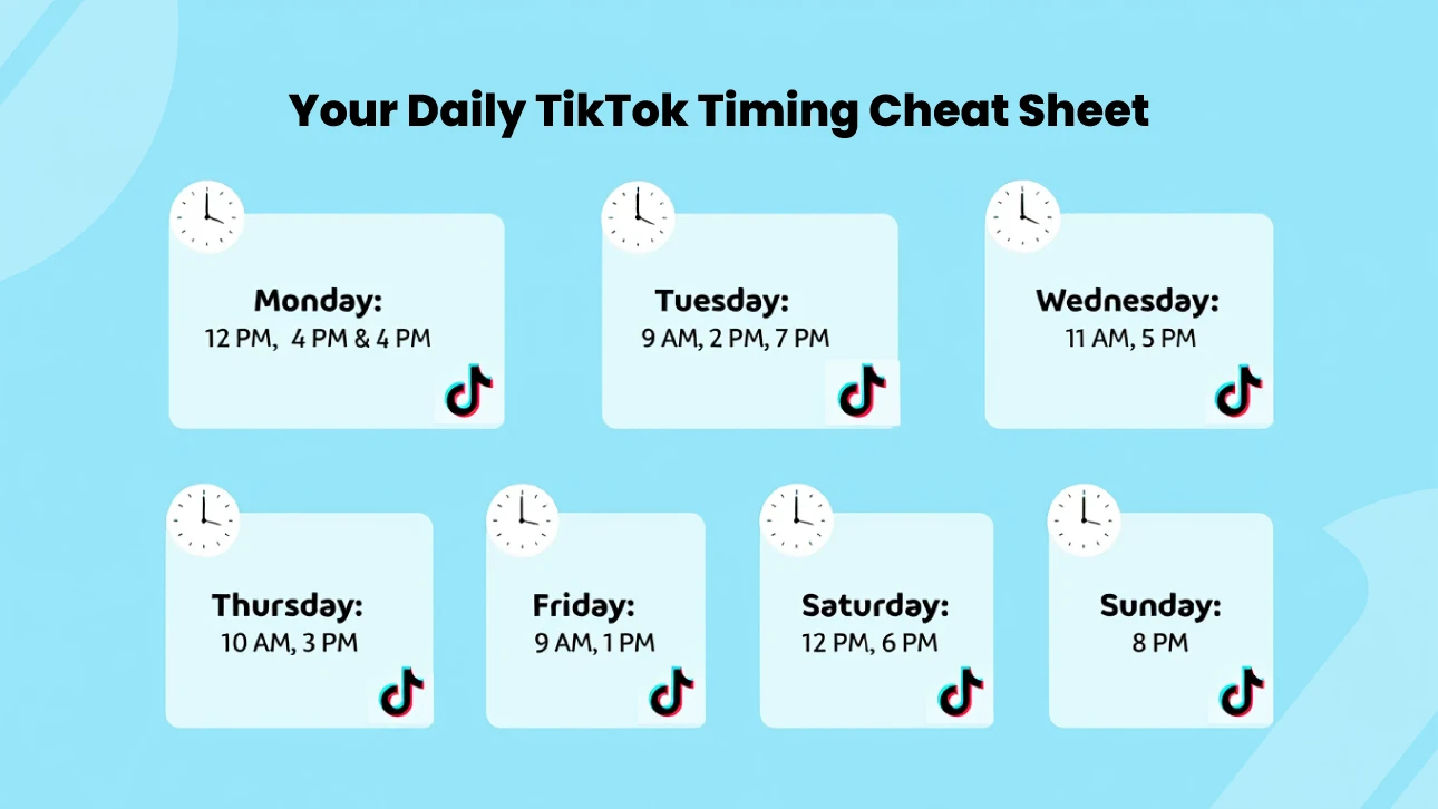 Daily TikTok timing cheat sheet showing the best time to post on TikTok each day of the week for maximum engagement.