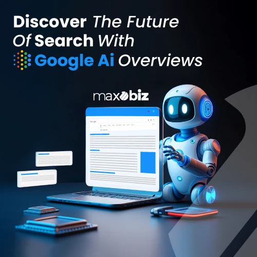 Futuristic robot browsing search results on a laptop, promoting the concept of Google AI Overviews as the next evolution in intelligent search.