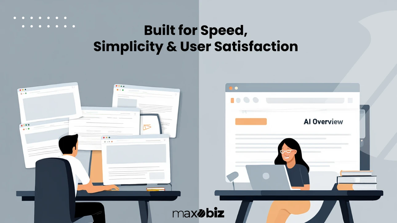 Side-by-side comparison showing a traditional search experience versus a streamlined Google AI Overview delivering faster, simpler search results.
