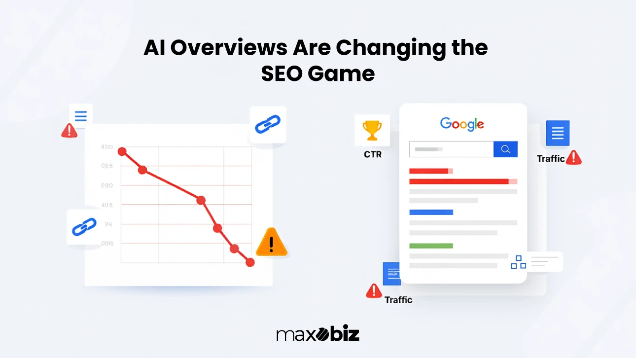 Illustration showing the impact of AI Overviews on SEO with declining traffic and CTR, highlighting changes in user behavior and search result visibility.
