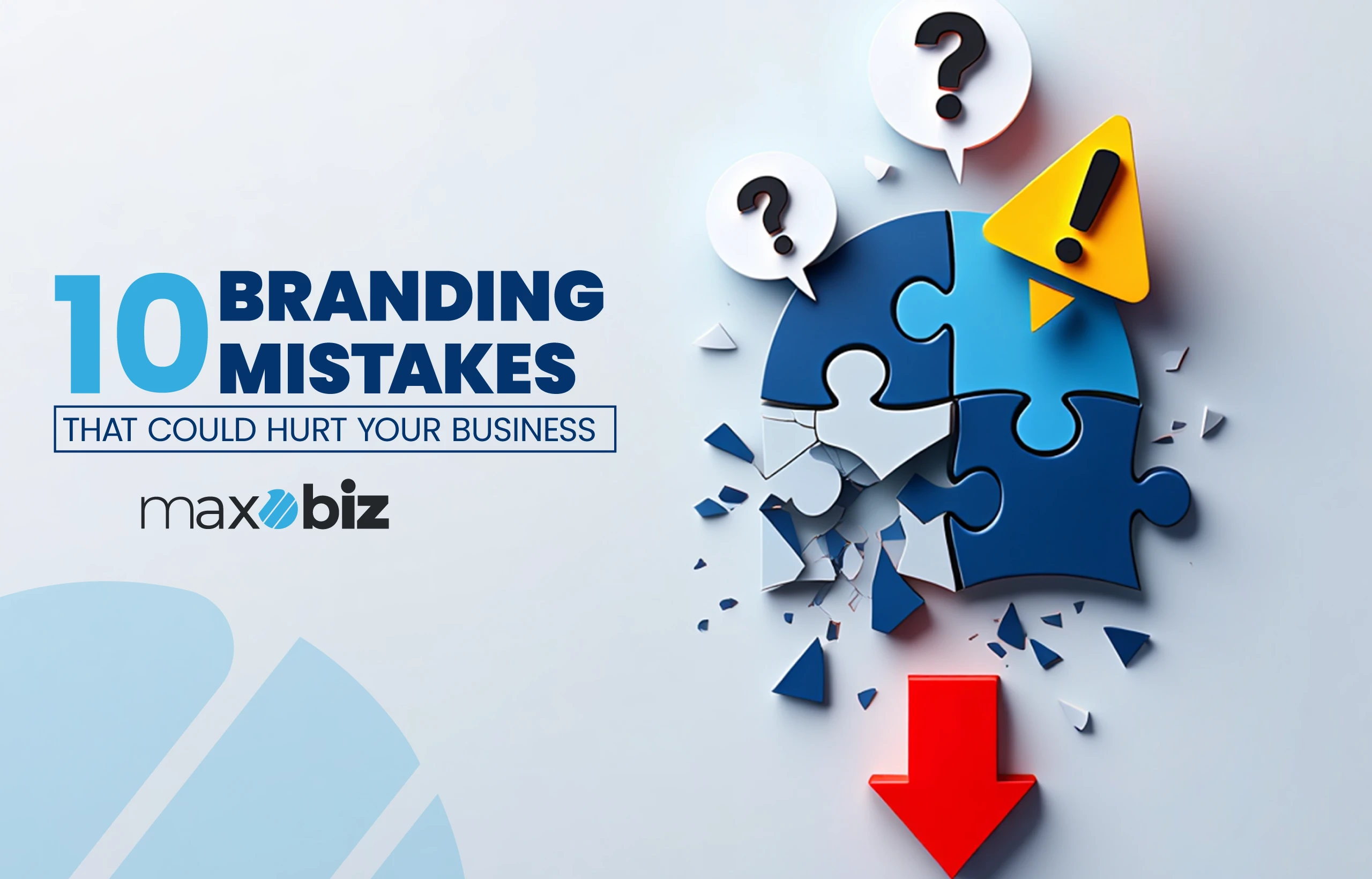 Visual of branding pitfalls with question mark and exclamation mark, encouraging businesses to avoid common branding mistakes