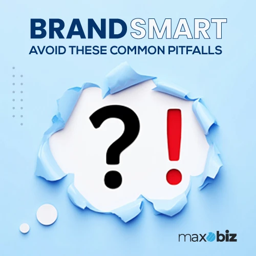 Visual of branding pitfalls with question mark and exclamation mark, encouraging businesses to avoid common branding mistakes