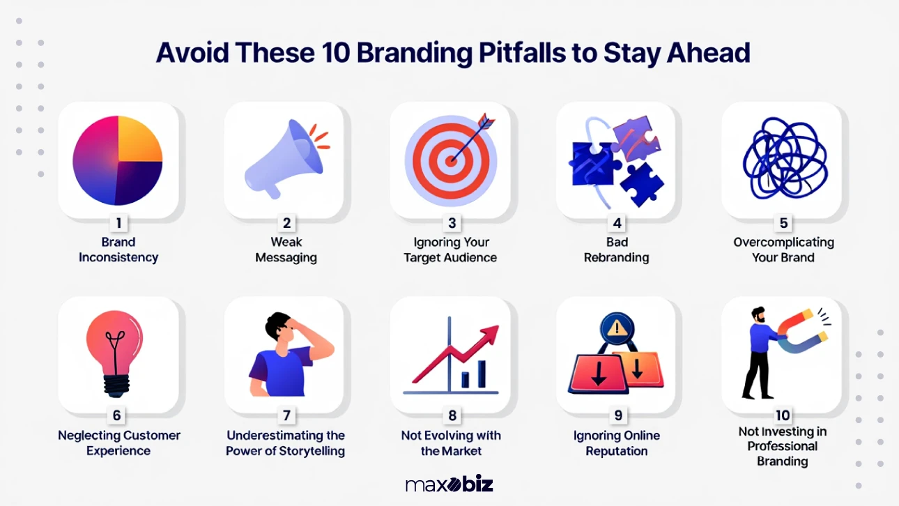 Illustration of top 10 branding mistakes to avoid, including brand inconsistency, weak messaging, bad rebranding, and ignoring online reputation.