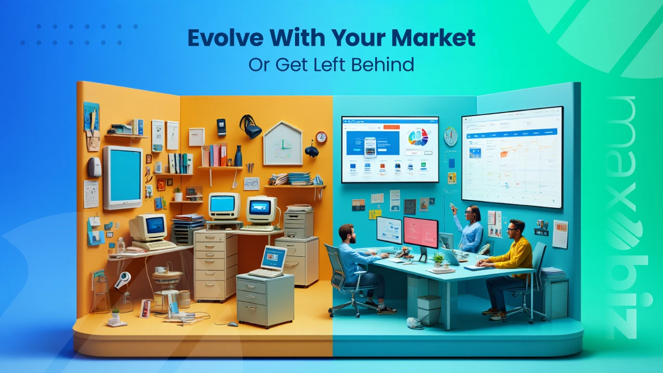 Side-by-side visual comparing outdated and modern offices, emphasizing the importance of evolving branding strategies to stay relevant in the market.
