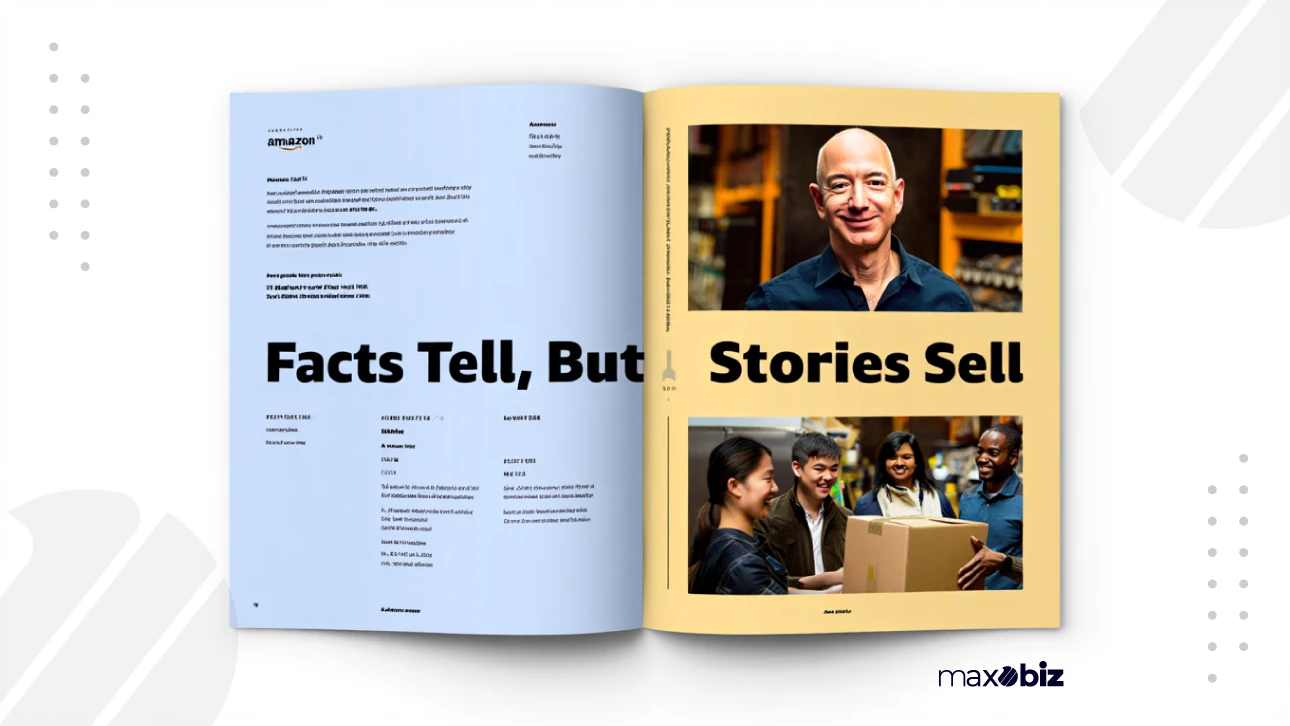 Open magazine spread showing 'Facts Tell, Stories Sell' with photos of Jeff Bezos and diverse team, highlighting the power of storytelling in branding.
