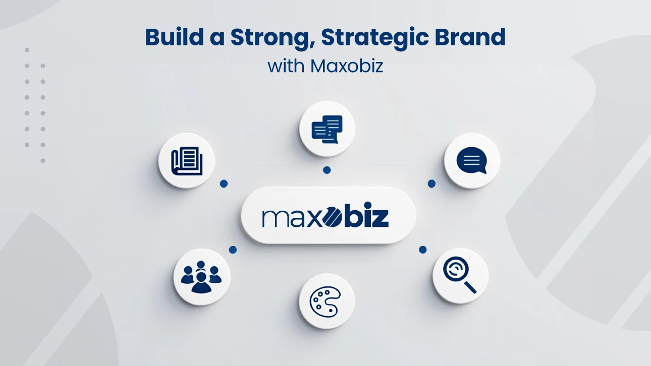 Maxobiz visual showing brand-building elements like messaging, design, strategy, and audience targeting to build a strong, strategic brand.