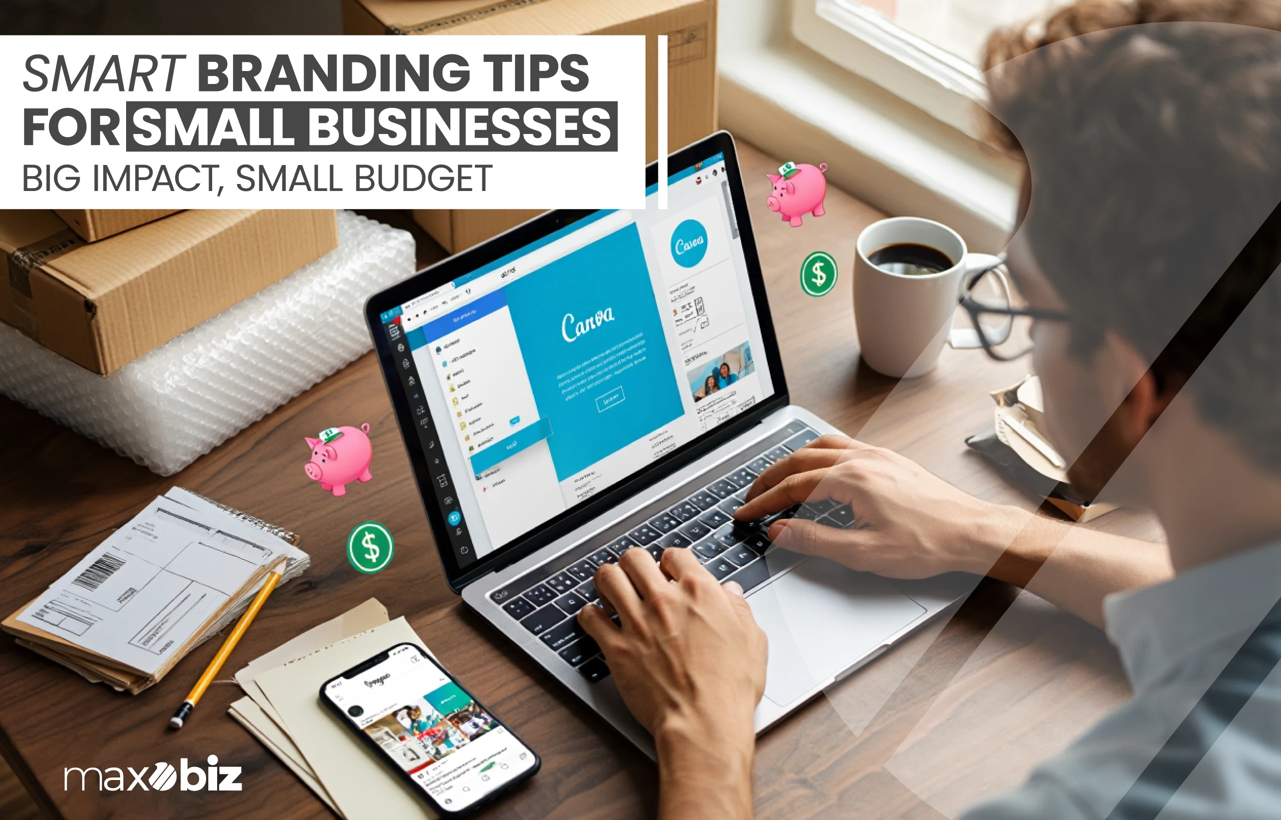 Man working on Canva branding design on a laptop with phone, coffee, and packaging materials nearby, illustrating smart branding tips for small businesses on a budget.