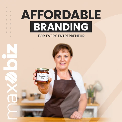 Middle-aged woman in an apron holding a jar of homemade jam, promoting affordable branding services for every entrepreneur by Maxobiz.