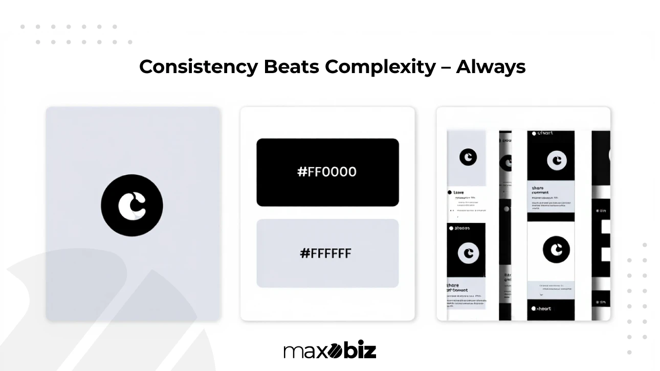 Branding design example showing consistent use of logo, color palette with hex codes #FF0000 and #FFFFFF, and unified layouts to emphasize that consistency beats complexity.