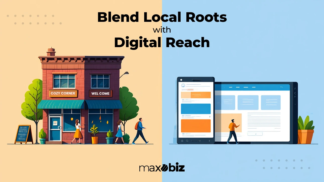 Illustration showing a split scene of a local storefront labeled 'Cozy Corner' on one side and digital devices displaying websites on the other, representing the blend of local business presence with online reach.