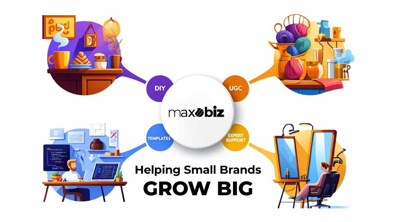 Illustration showing Maxobiz helping small brands grow with elements for DIY projects, user-generated content, ready-to-use templates, and expert support, connected to various small business visuals like a café, craft shop, home office, and salon.