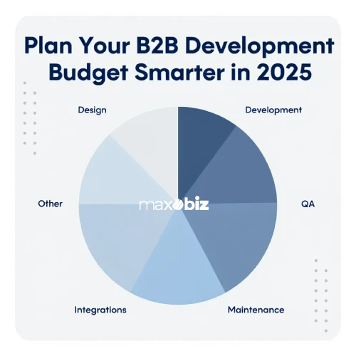 Pie chart for B2B eCommerce development cost in 2025 showing budget distribution across design, development, QA, maintenance, and integrations.