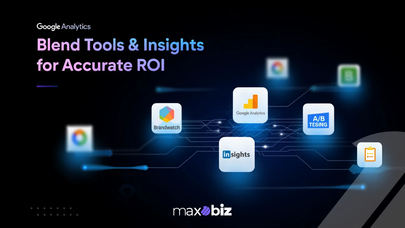 Illustration of branding ROI tools including Google Analytics, Brandwatch, A/B testing, and social media insights platforms
