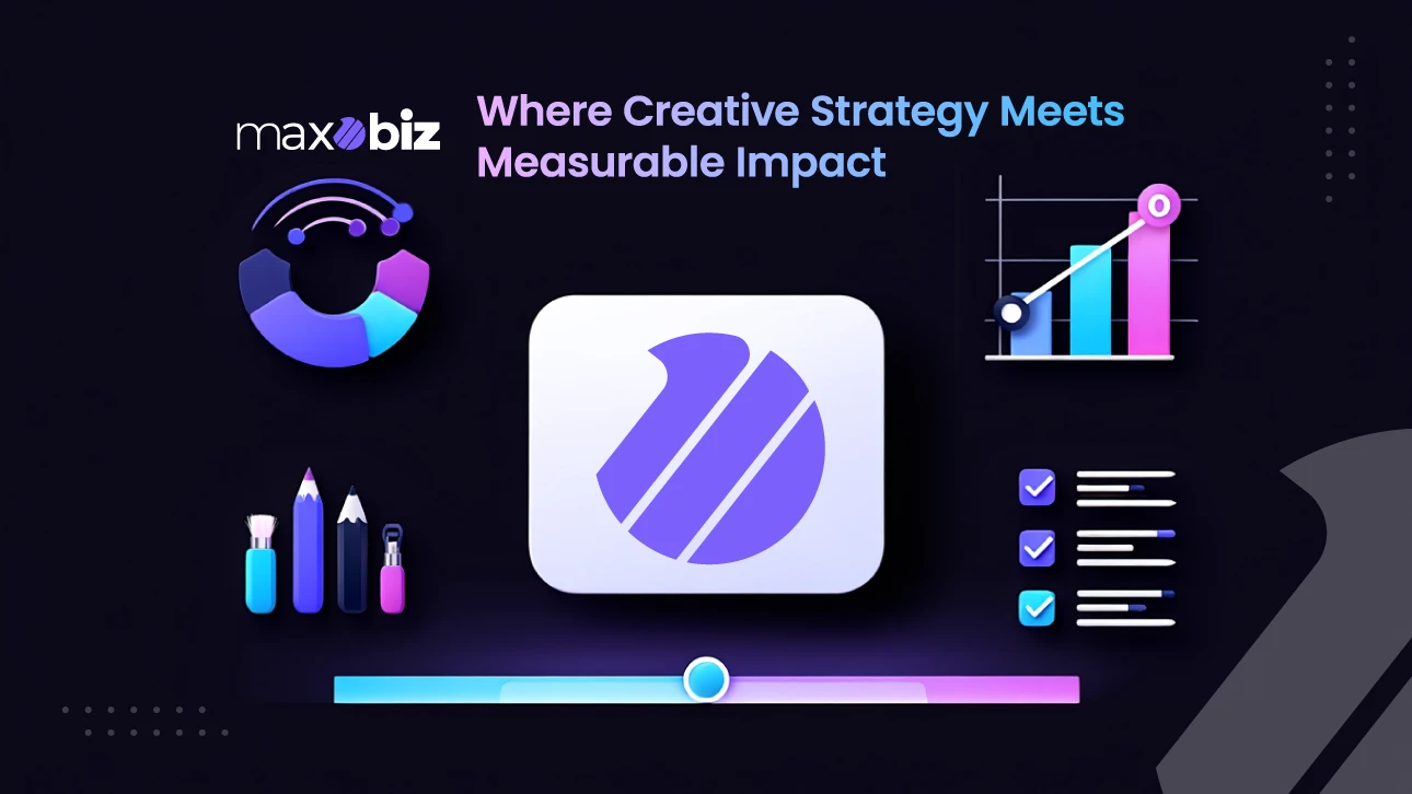 Creative branding strategy tools driving measurable ROI, featuring analytics, design elements, and performance tracking visuals by Maxobiz.