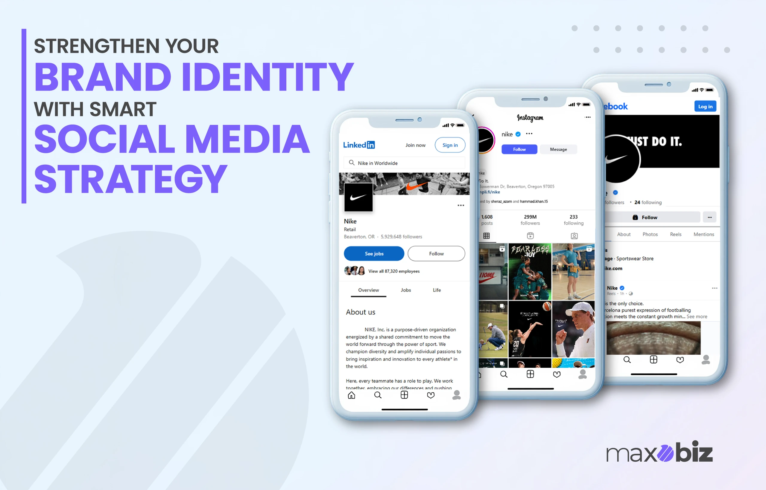Social media branding example showing Nike’s Instagram profile on a smartphone with the text “Make Social Media Work for Your Brand.