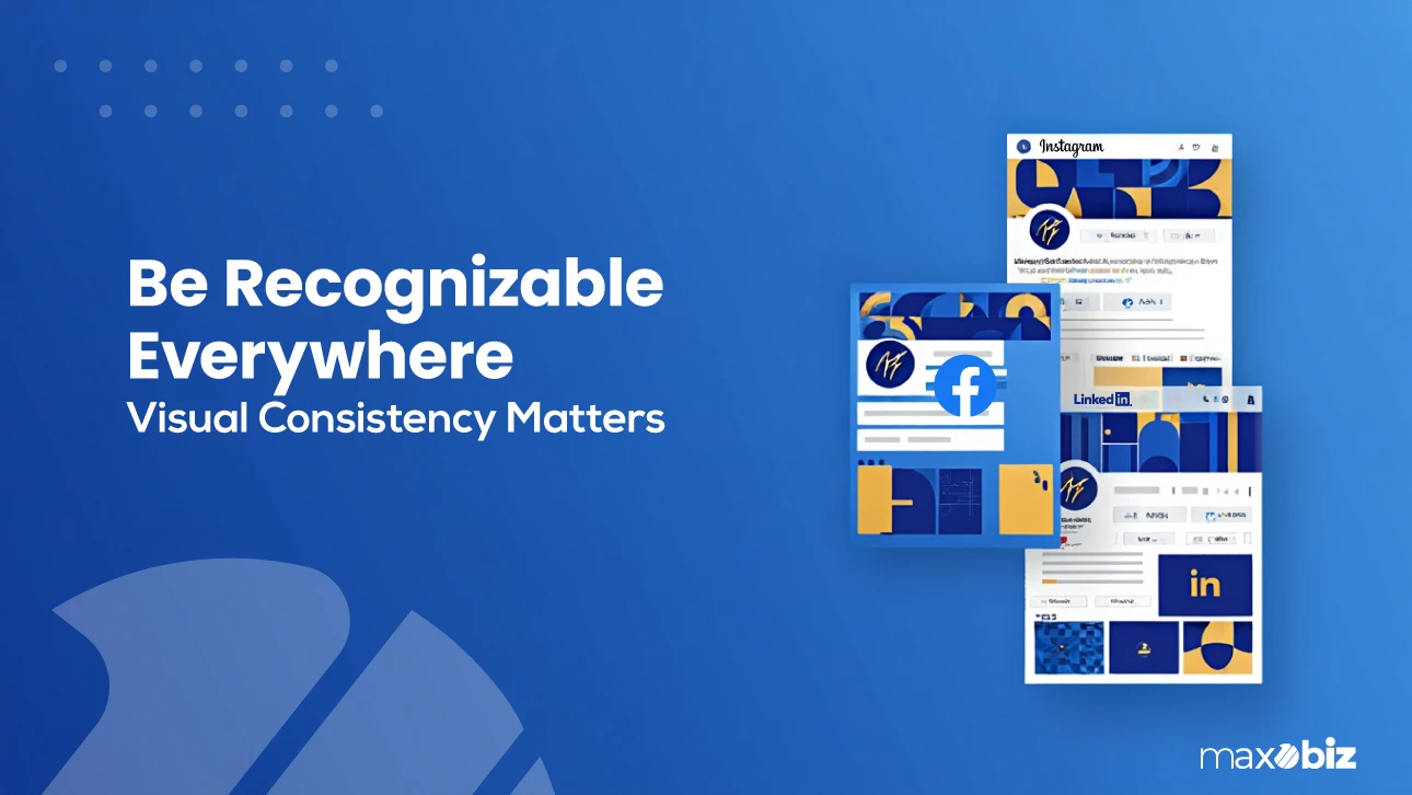 Social media branding examples showing consistent visuals across Facebook, Instagram, and LinkedIn profiles with matching colors and graphics.