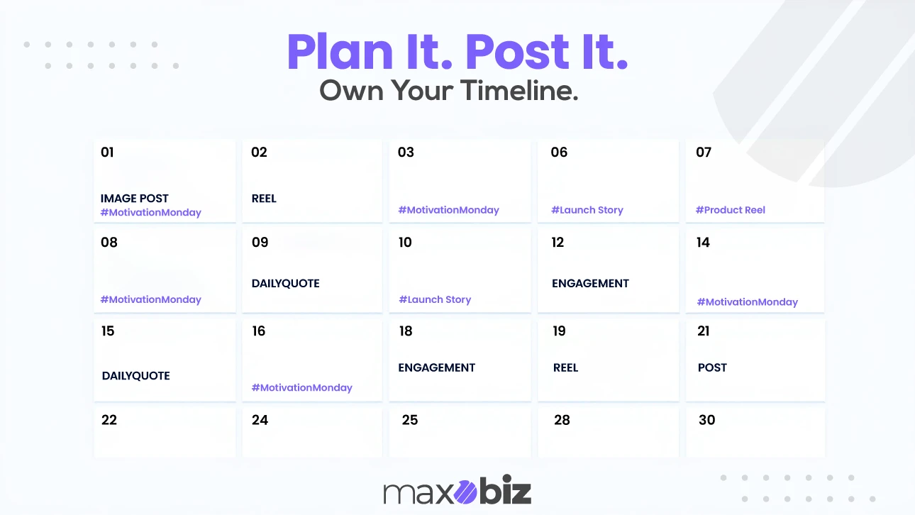 Social media branding content calendar showing planned posts, reels, engagement days, and themed hashtags like #MotivationMonday. 