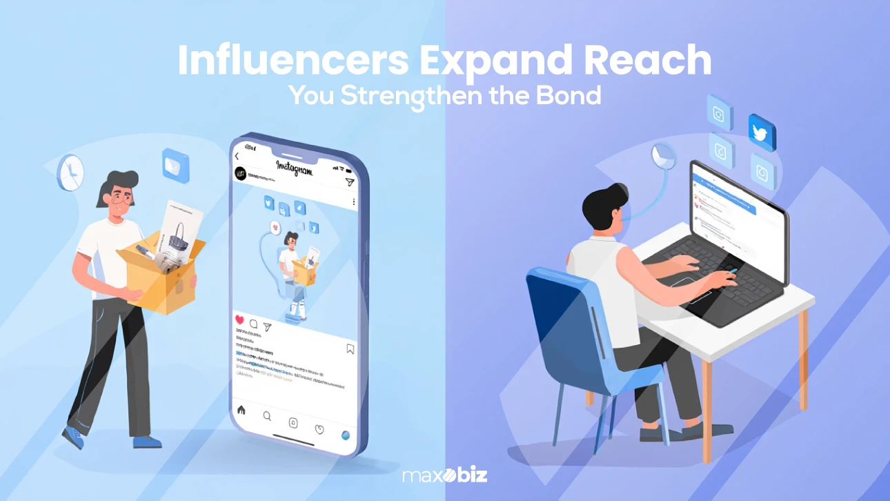 Social media branding illustration showing influencers promoting products on Instagram and brands engaging followers on multiple platforms.