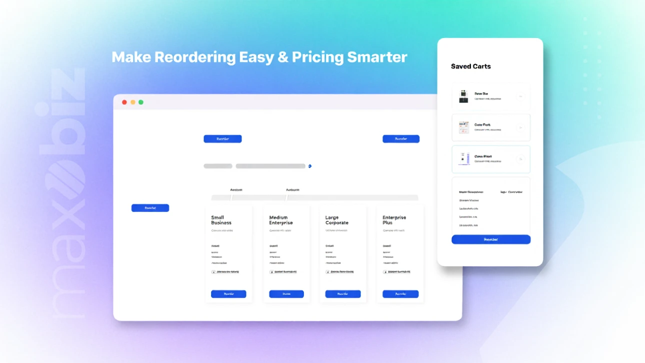 B2B eCommerce features for easy reordering and smarter pricing with saved carts and business package options.