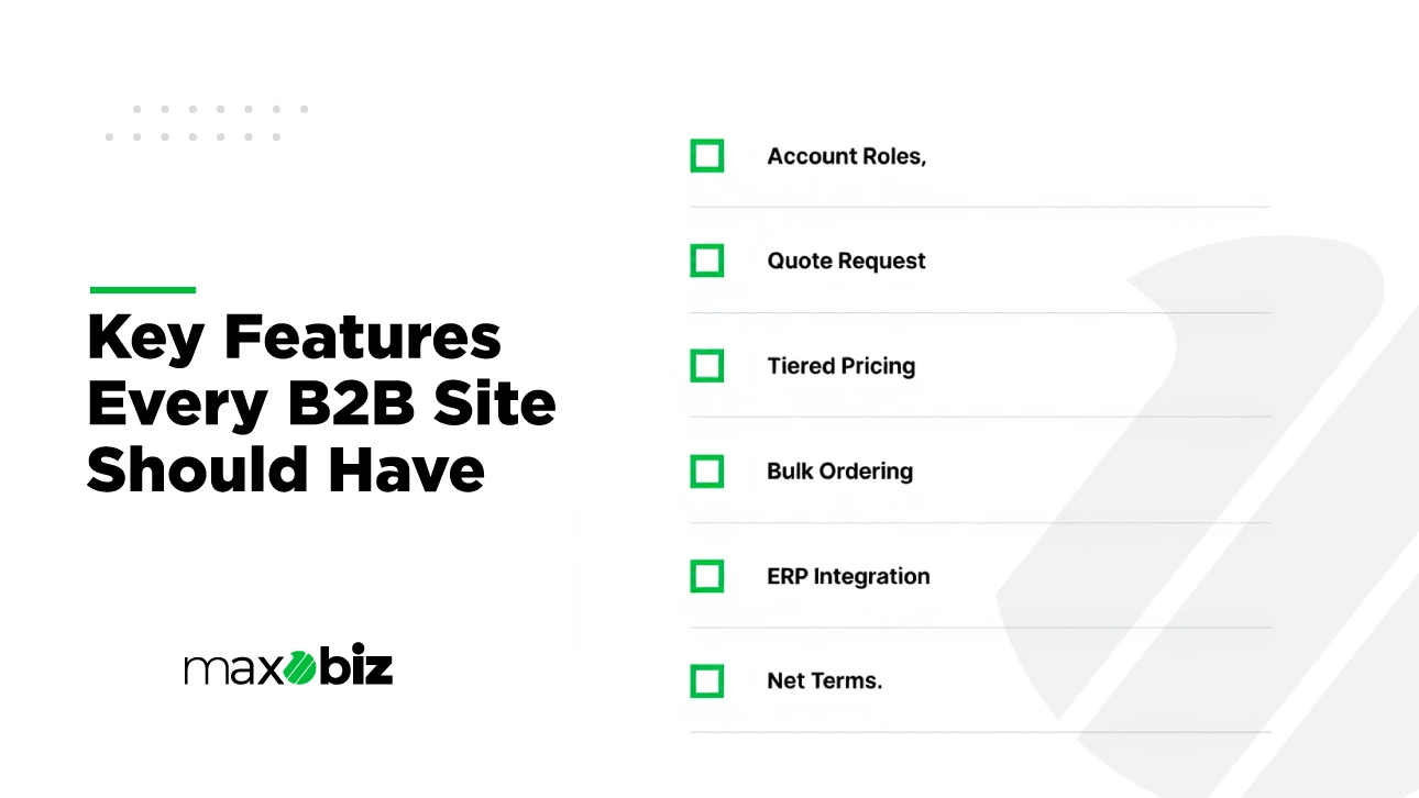 Checklist of key B2B eCommerce website features including account roles, quote requests, tiered pricing, bulk ordering, ERP integration, and net payment terms.