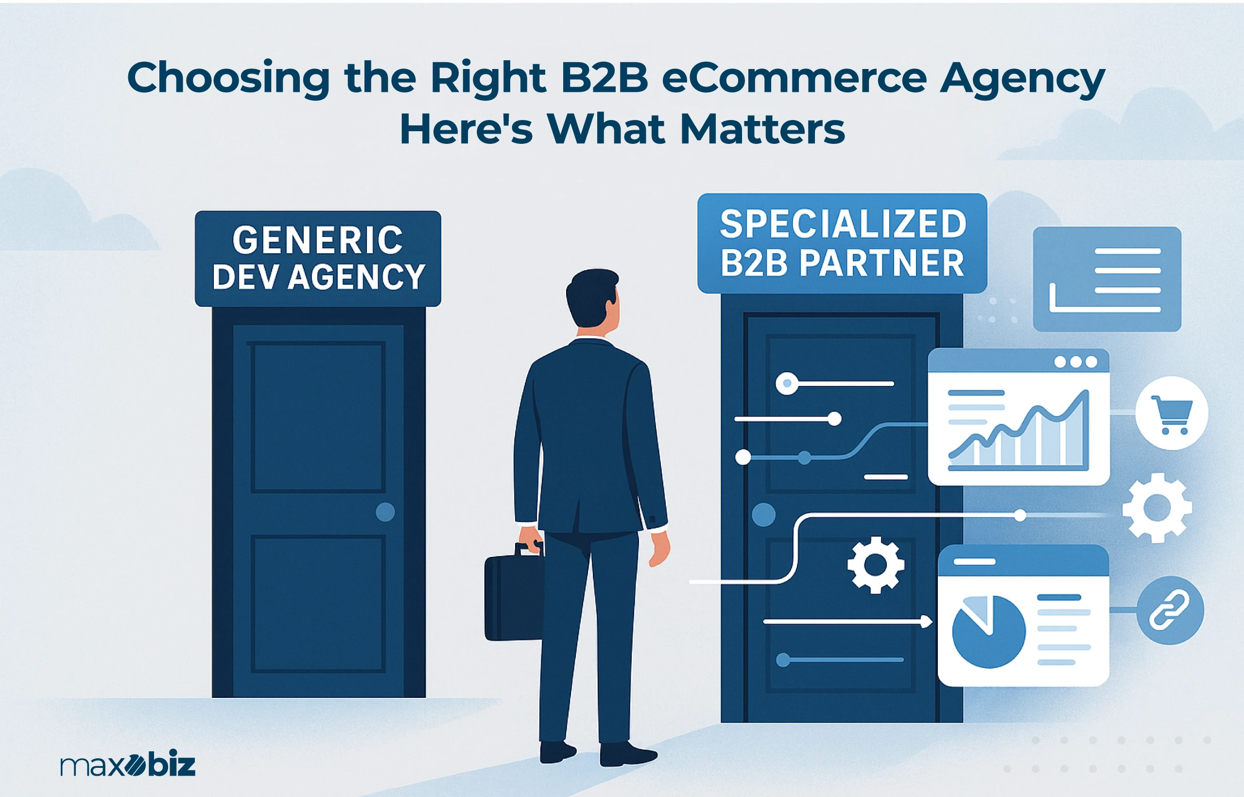 Choosing between a generic dev agency and a specialized B2B eCommerce partner for better results – Maxobiz branding.