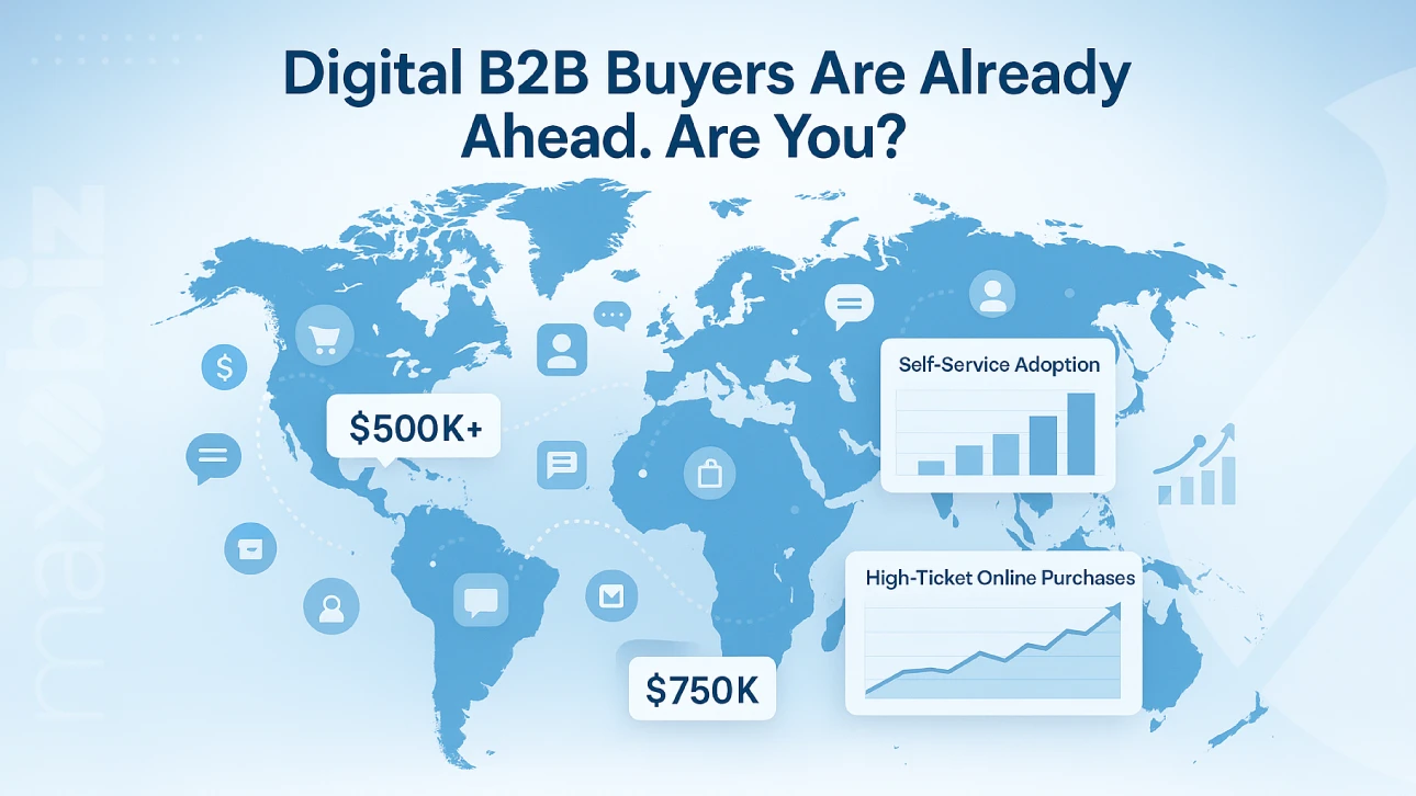 World map infographic showing digital B2B buyer trends with $500K+ and $750K+ online purchases, self-service adoption growth, and rise of high-ticket B2B eCommerce transactions.