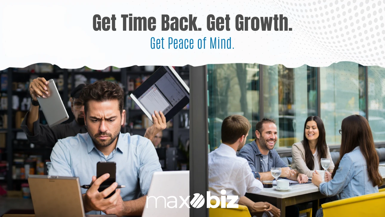 Business owner stressed with digital tasks contrasted with growth and peace of mind after using Maxobiz digital marketing services.