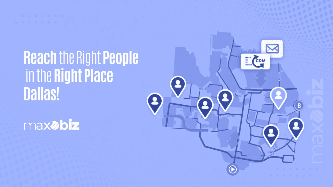 Graphic with the Maxobiz logo and text 'Reach the Right People in the Right Place Dallas!' showing a city map with location pins, CRM, and email icons representing targeted digital marketing.