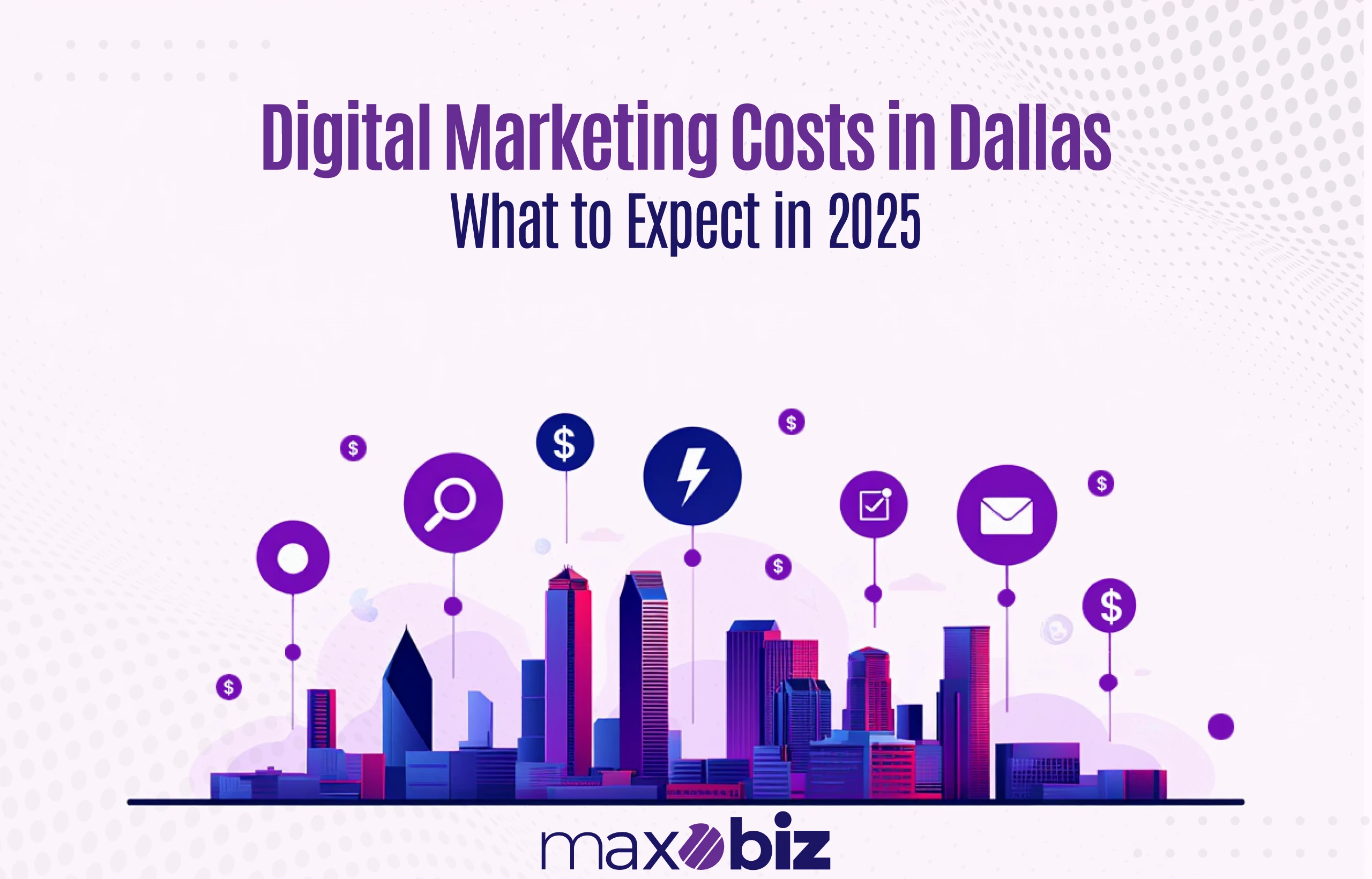 Illustration with the headline 'Digital Marketing Costs in Dallas – What to Expect in 2025.' The Dallas skyline is shown in purple and pink tones with floating icons for search, money, power, checklists, and email. Maxobiz logo appears at the bottom.