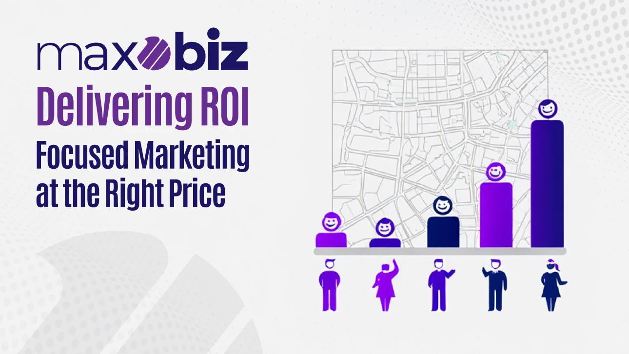 Graphic with the headline 'Delivering ROI – Focused Marketing at the Right Price.' On the right, a city map background with bar charts topped by smiling faces shows increasing growth. Below are illustrated people icons. Maxobiz logo at the top.
