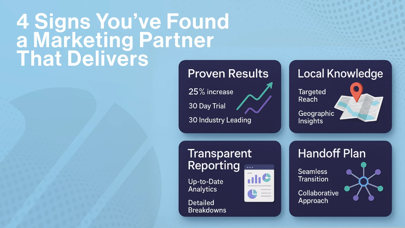 4 signs of a good marketing partner: proven results with measurable growth, local knowledge with geographic insights, transparent reporting with up-to-date analytics, and a clear handoff plan for smooth transitions.