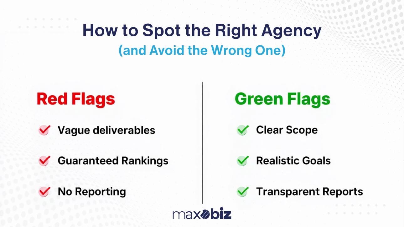 How to spot the right agency: red flags include vague deliverables, guaranteed rankings, and no reporting. Green flags include clear scope, realistic goals, and transparent reports.