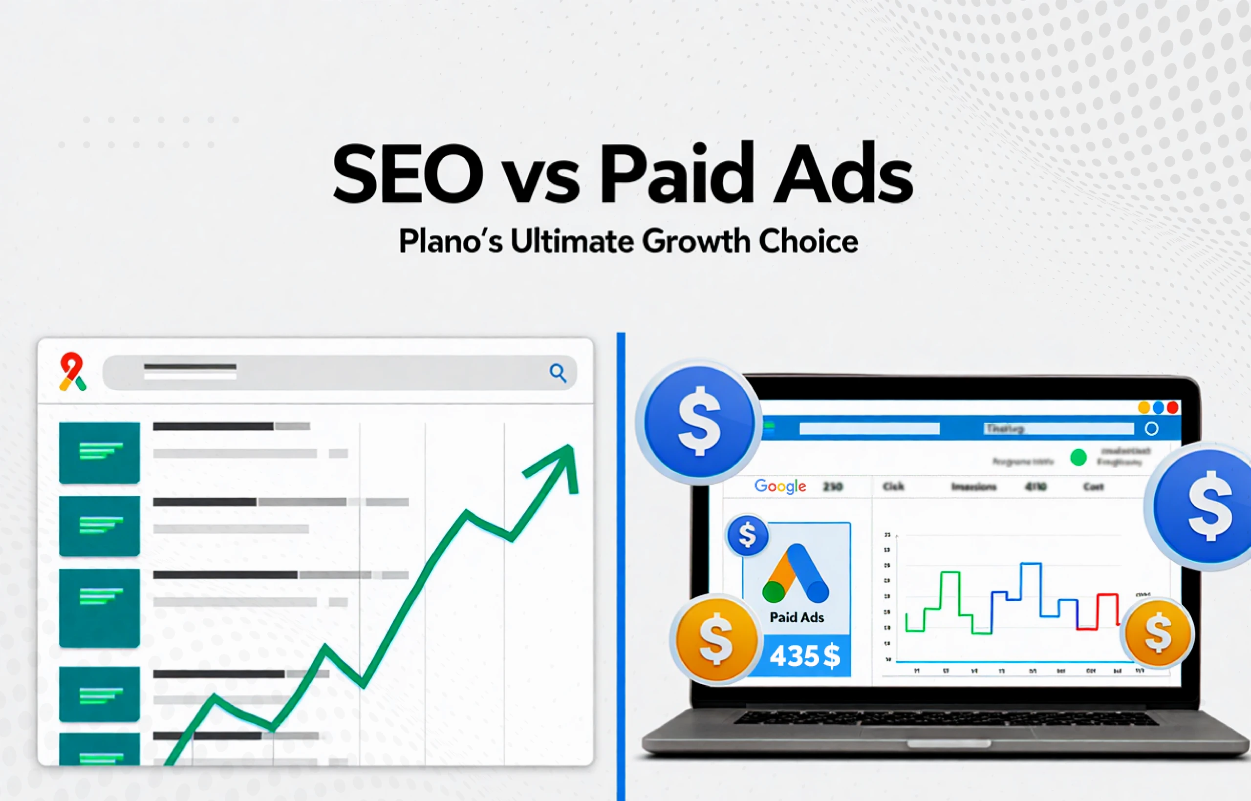 Comparison graphic titled ‘SEO vs Paid Ads: Plano’s Ultimate Growth Choice.’ Left shows SEO search rankings with upward graph, right shows paid ads dashboard with dollar icons.