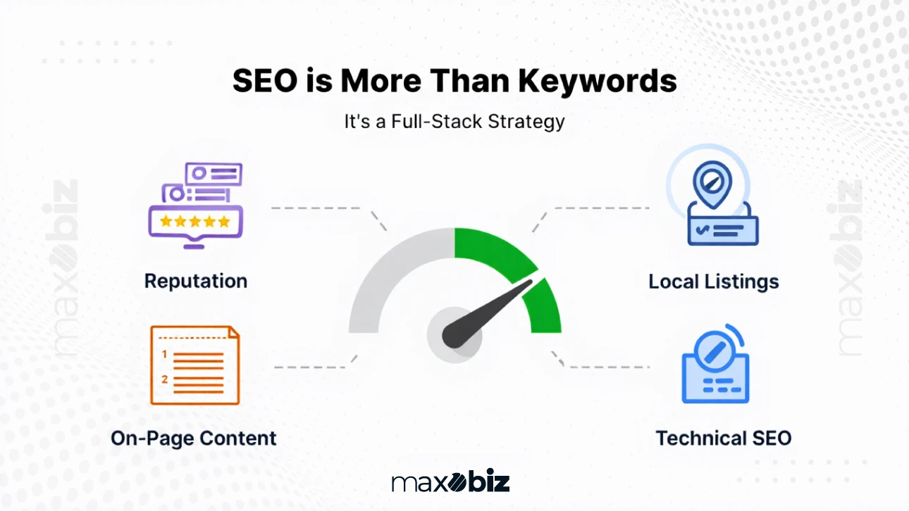 SEO is a full-stack strategy beyond keywords, including reputation, on-page content, local listings, and technical SEO.