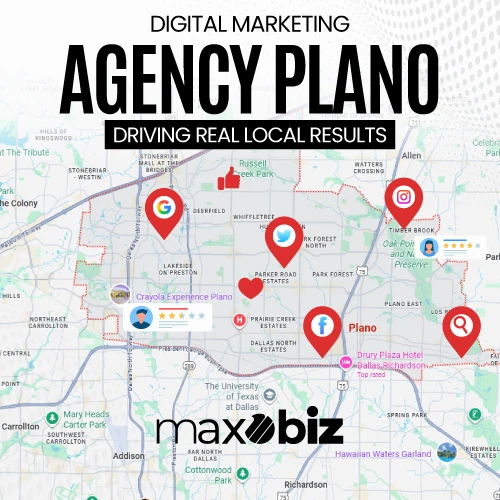Map of Plano, Texas with digital marketing icons (Google, Facebook, Instagram, location pins) highlighting services of a digital marketing agency in Plano by Maxobiz.