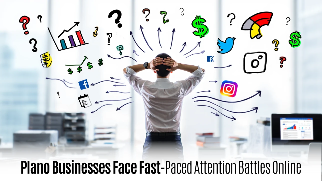 Business owner overwhelmed by social media, ads, and analytics. Text: Plano businesses face online attention battles.