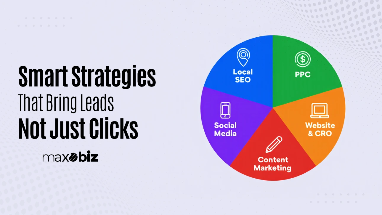 Graphic with text "Smart strategies that bring leads not just clicks" and a pie chart showing Local SEO, PPC, Website & CRO, Content Marketing, and Social Media.