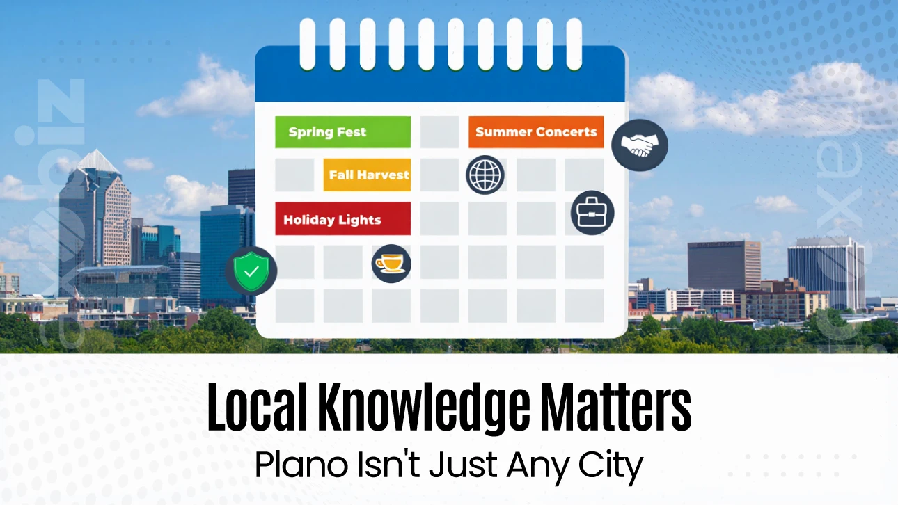 Calendar graphic showing local Plano events like Spring Fest, Summer Concerts, Fall Harvest, and Holiday Lights with city skyline in background. Caption reads: Local Knowledge Matters – Plano Isn’t Just Any City.