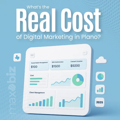 Real cost of digital marketing in Plano with sample prices: social media management $100, SEO optimization $1500, content creation $9200, plus charts and analytics graphics.