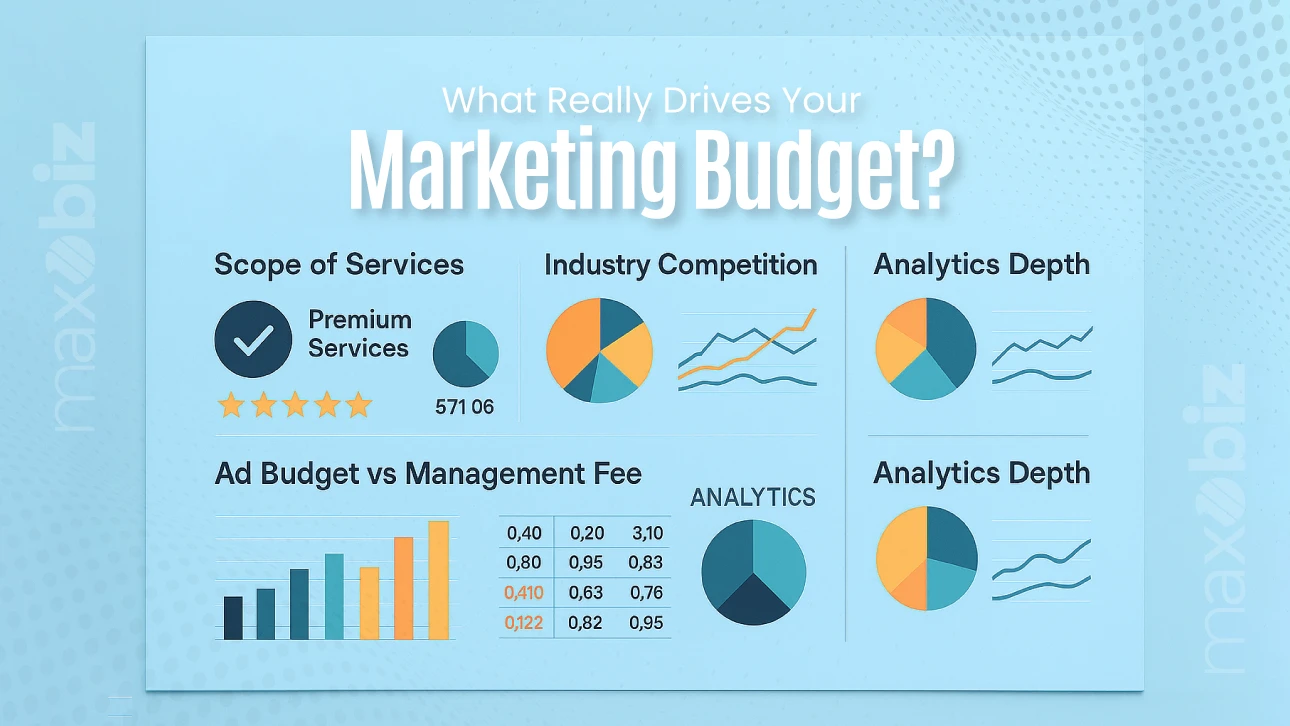 Factors that drive your marketing budget: scope of services, industry competition, ad budget versus management fee, and analytics depth shown with charts and graphs.