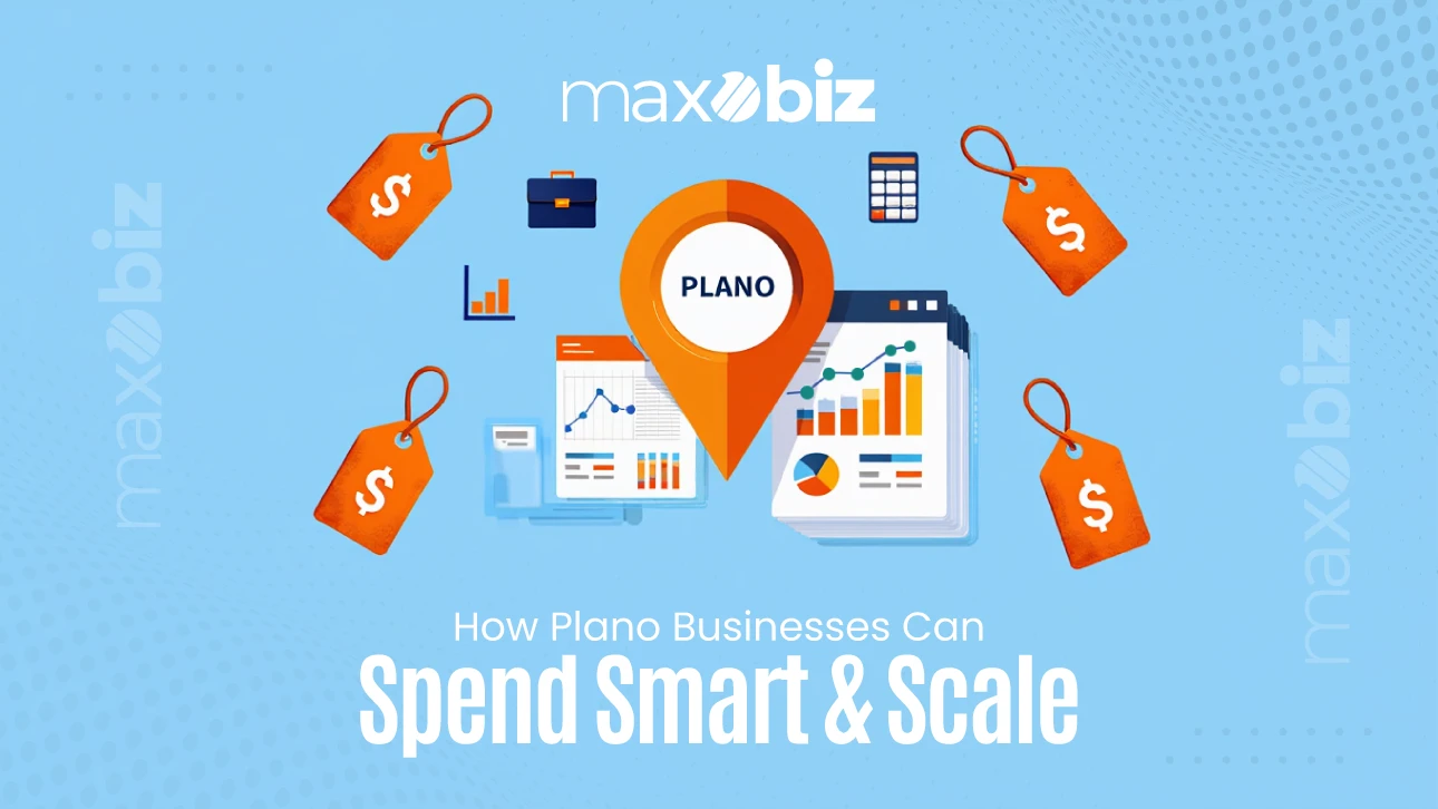 Plano businesses spending smart and scaling growth. Illustration with charts, graphs, dollar price tags, and a location pin marked Plano.