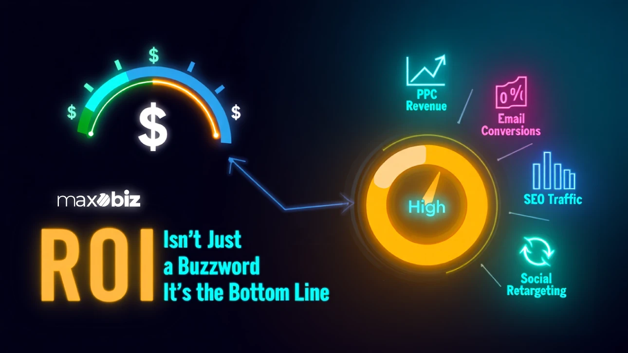 Graphic with ROI meter and text 'ROI Isn’t Just a Buzzword, It’s the Bottom Line.' Icons highlight PPC revenue, email conversions, SEO traffic, and social retargeting. Maxobiz logo included.