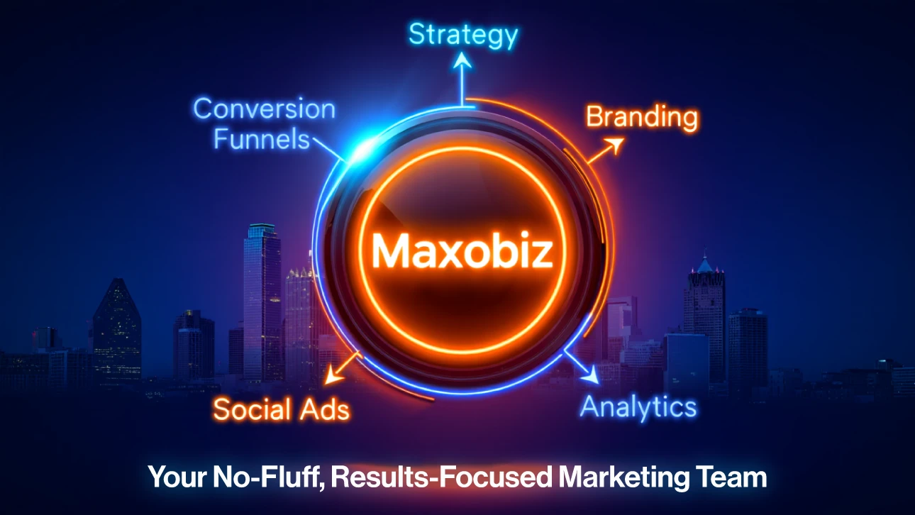 raphic with the Maxobiz logo at the center surrounded by arrows labeled Strategy, Branding, Analytics, Social Ads, and Conversion Funnels. Text below reads: 'Your No-Fluff, Results-Focused Marketing Team.' Dallas city skyline in the background.
