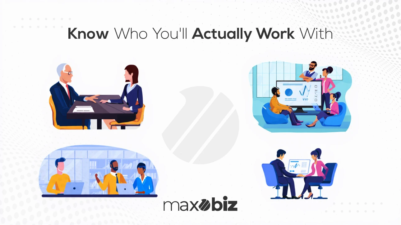 Know who you’ll actually work with – Maxobiz illustration showing business professionals in meetings, teamwork, and collaboration settings.