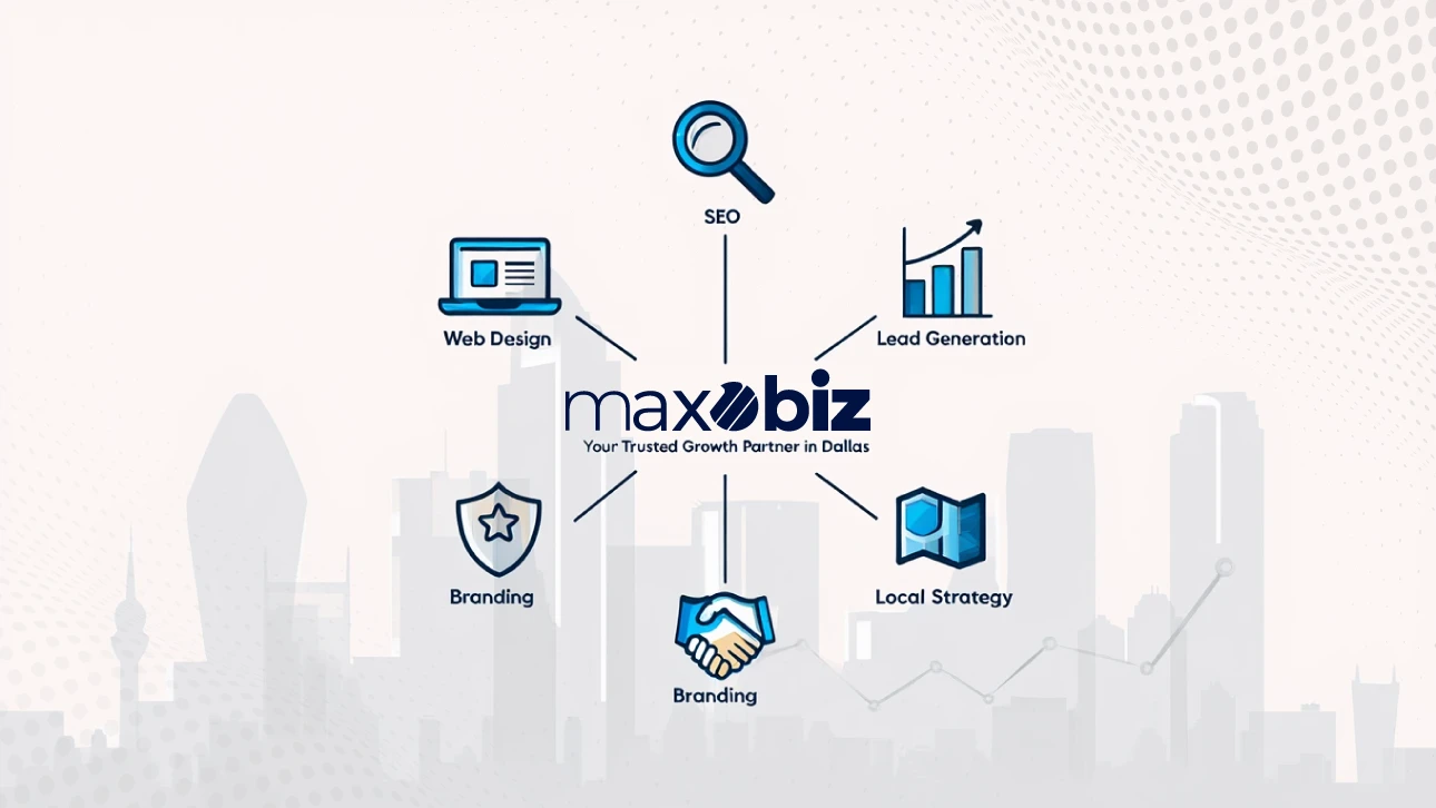 Maxobiz – Your Trusted Growth Partner in Dallas, with icons representing SEO, web design, lead generation, branding, and local strategy.