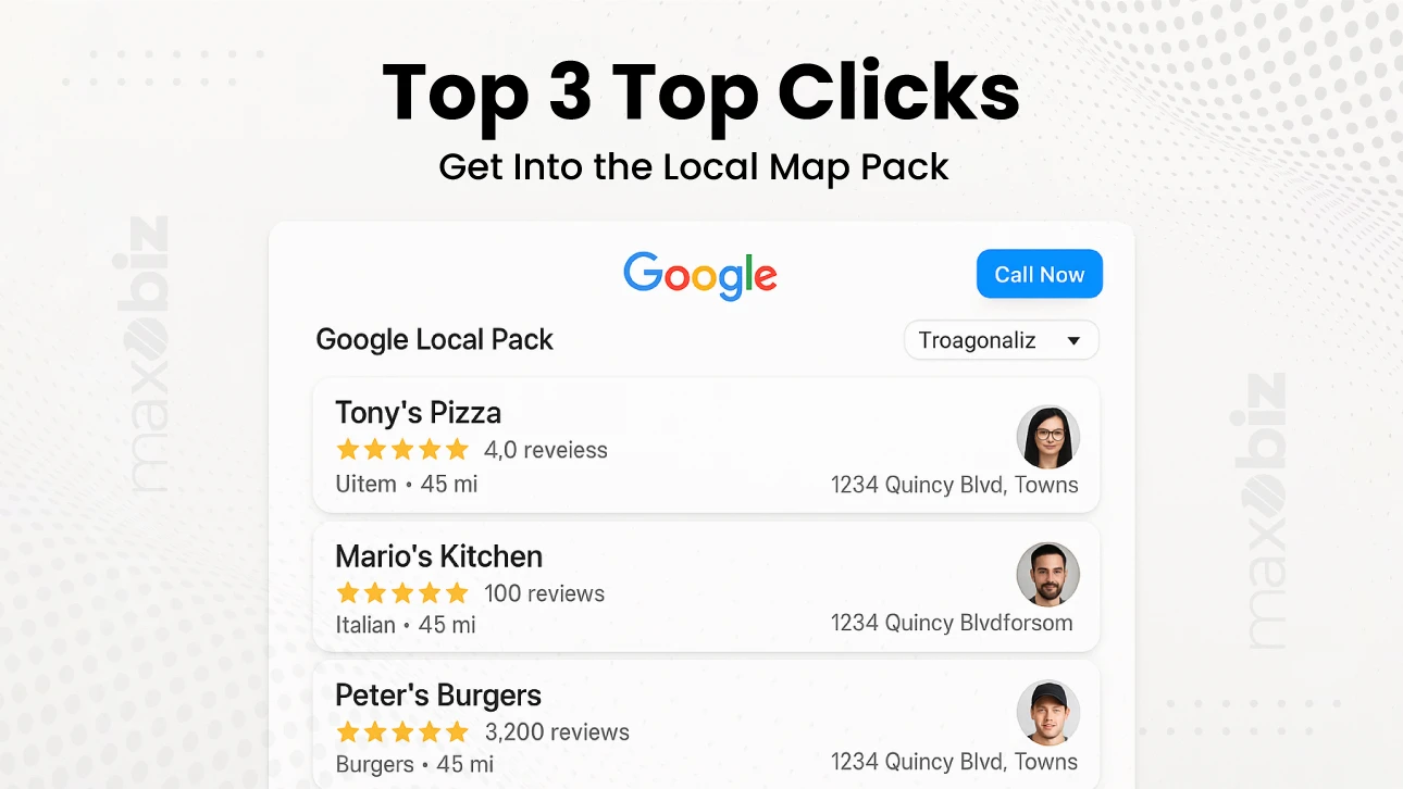 Graphic showing a Google Local Pack with listings for Tony's Pizza, Mario's Kitchen, and Peter's Burgers under the heading 'Top 3 Top Clicks – Get Into the Local Map Pack.' Maxobiz logo on the sides.