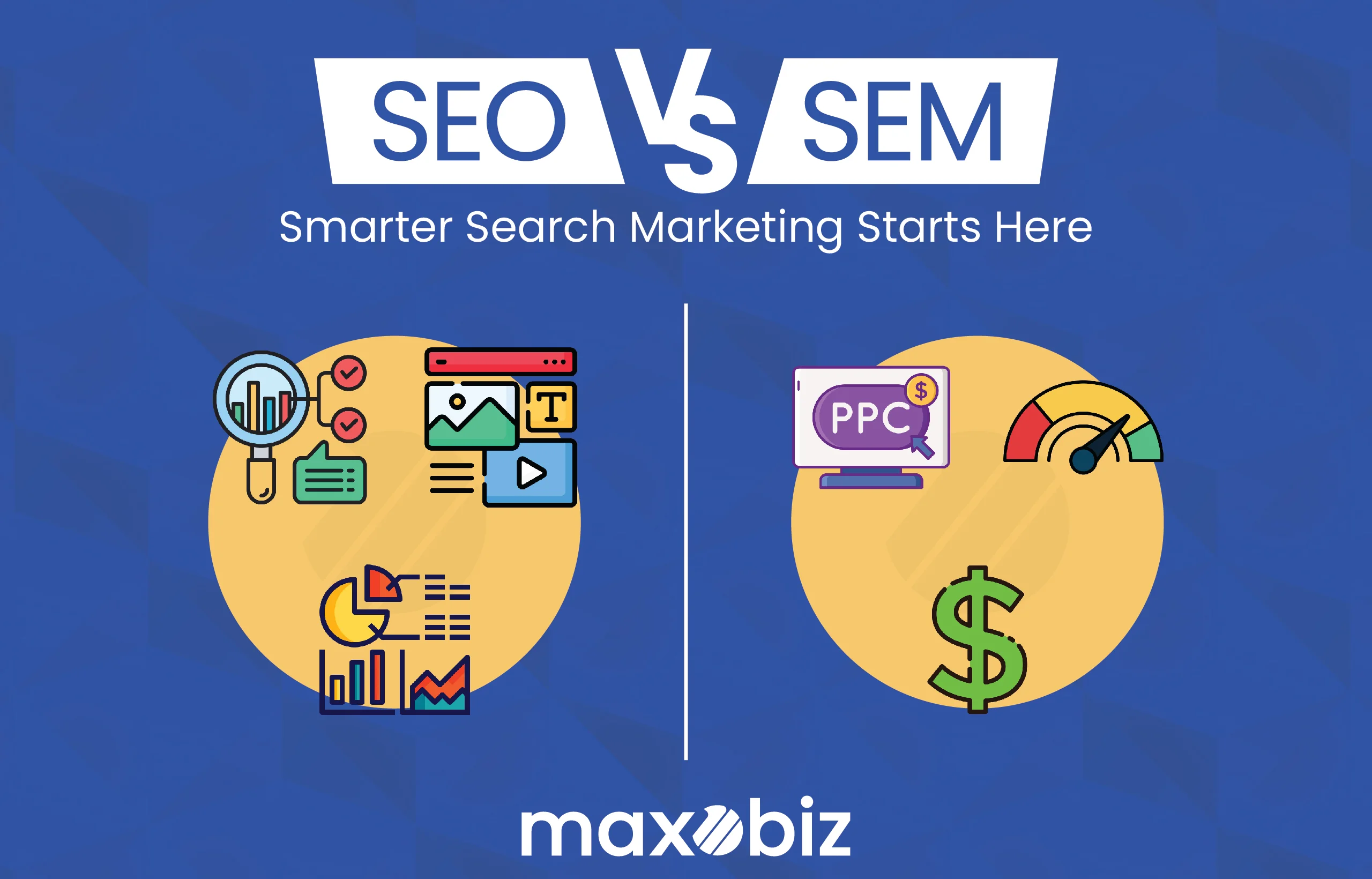 SEO vs SEM graphic with icons for analytics, PPC, and marketing by Maxobiz.
