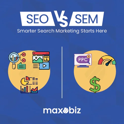 SEO vs SEM comparison with icons for analytics, PPC, and marketing, and Maxobiz logo.