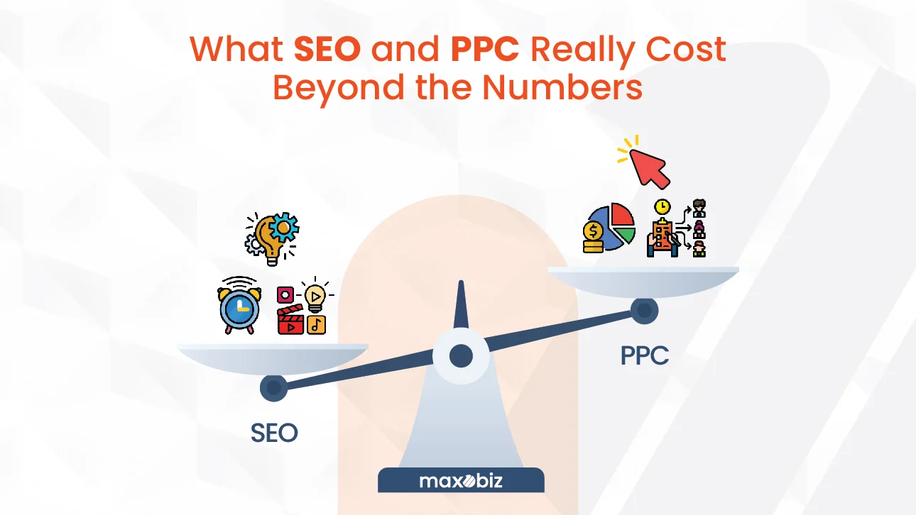 SEO vs PPC cost comparison on a balance scale showing time, creativity, and ad spend by Maxobiz.