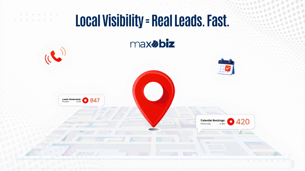 Maxobiz graphic with a location pin, showing 847 leads and 420 calendar bookings.